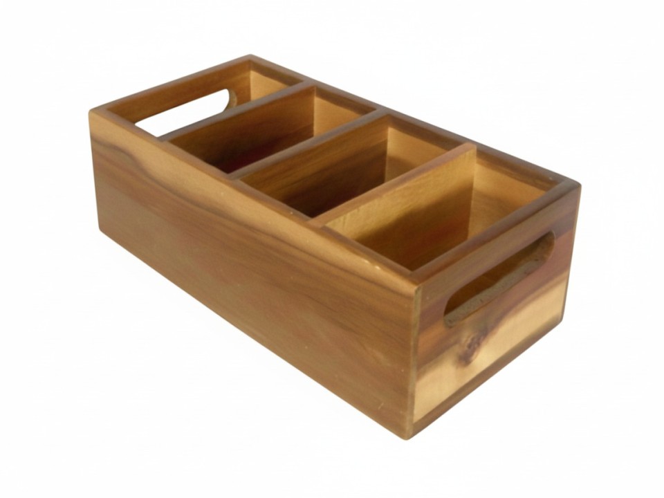 Premium Acacia Wood Compartmented Organizer Caddy with Handles - Versatile Kitchen & Desk Storage