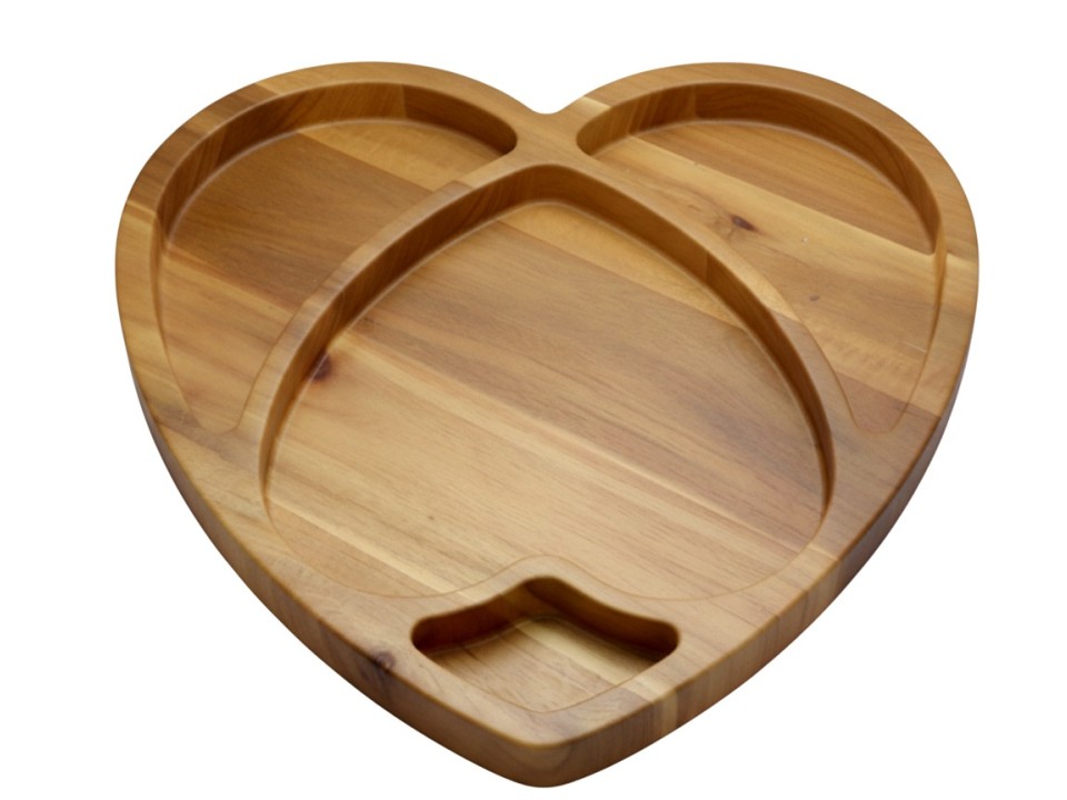 Premium Acacia Wood Heart-Shaped Serving Platter with 3 Compartments - Eco-friendly Entertaining