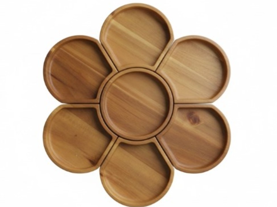 Acacia Wood Flower Petal Serving Platter - Multi-Compartment Snack Tray
