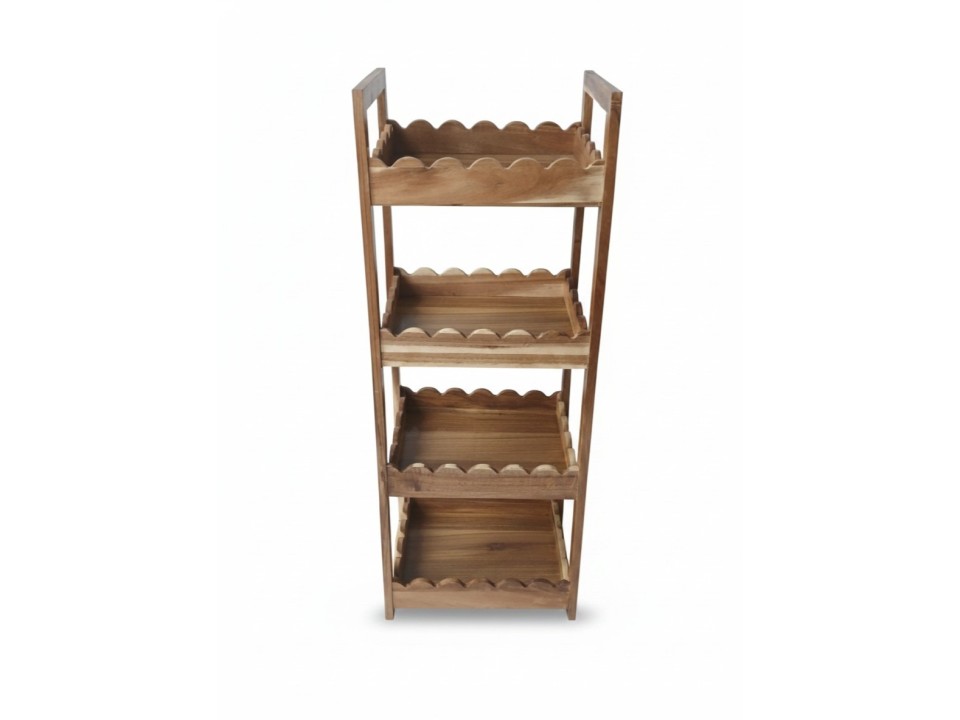 Acacia Wood 4-Tier Caddy with Scalloped Shelves - Versatile Storage Solution