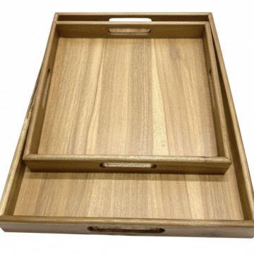 Exquisite Acacia Wood Set of 2 Rectangular Serving Trays with Cut-out Handles - Versatile Home Decor