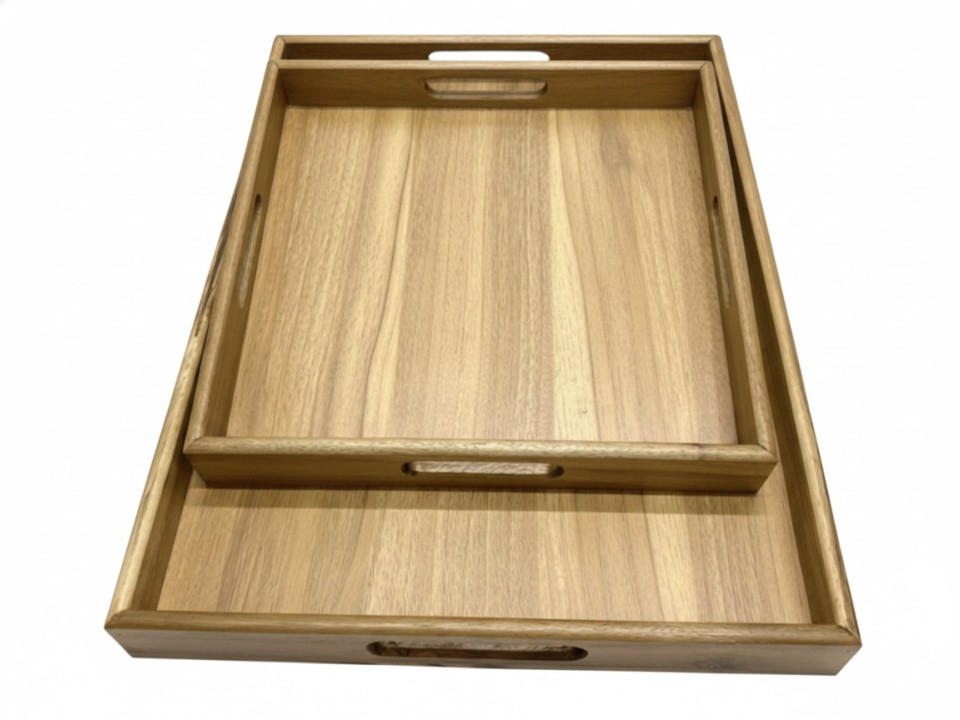 Exquisite Acacia Wood Set of 2 Rectangular Serving Trays with Cut-out Handles - Versatile Home Decor