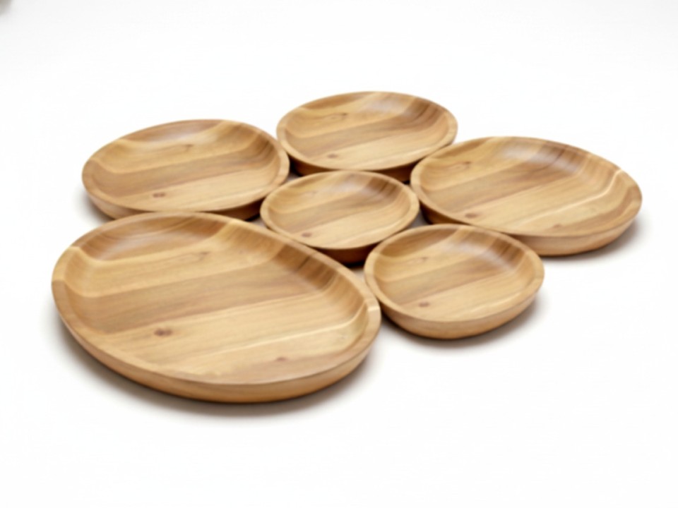 Pebbles-Shaped Acacia Wood Serving Platters - Eco-friendly Handcrafted Tableware Set