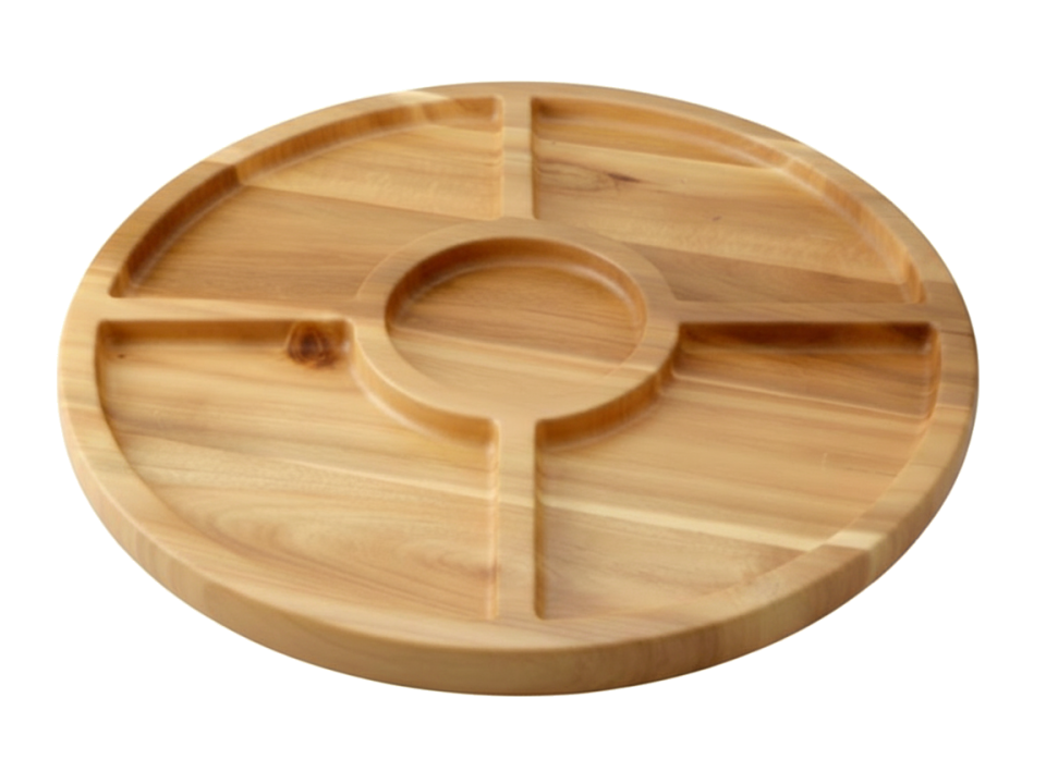 Acacia Wood 5-Compartment Round Serving Tray - Versatile Wholesale Kitchenware