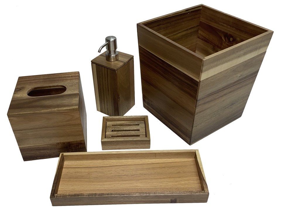 Rustic Acacia Wood Bath Set - 5-Piece Eco-friendly Bathroom Organizer
