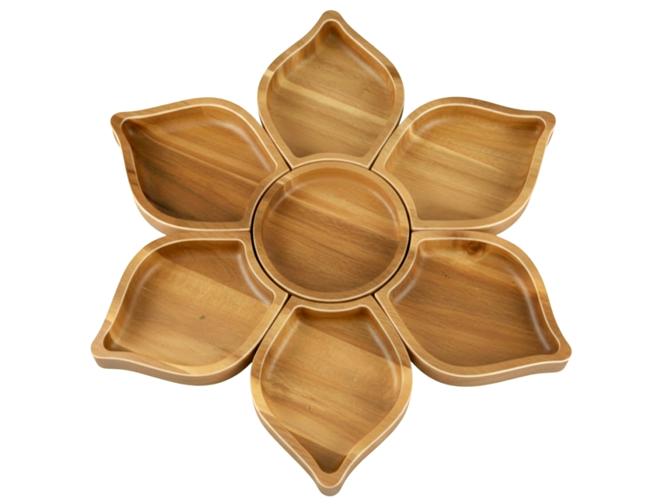 Acacia Wood Flower Multi-Compartment Serving Tray - Elegant Entertaining Dish