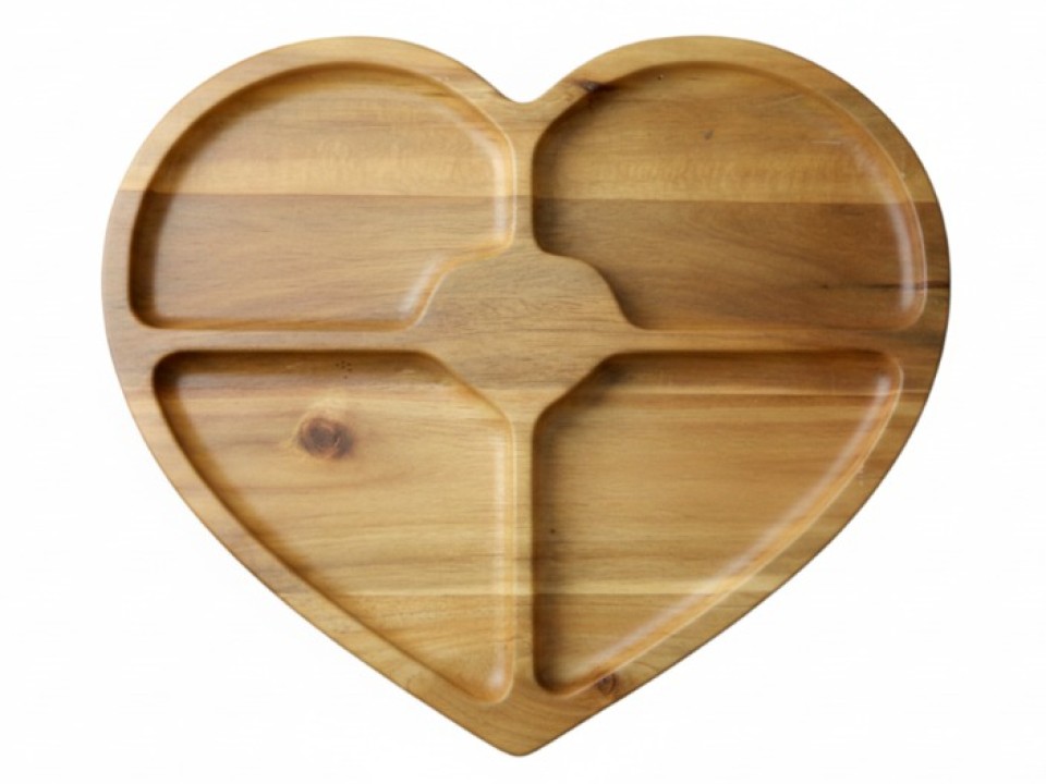 Heart-Shaped Acacia Wood Serving Tray with 4 Compartments - Versatile Entertaining Platter