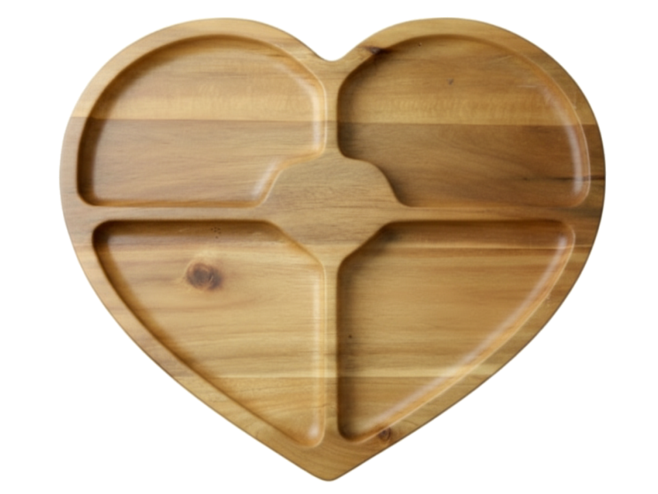 Heart-Shaped Acacia Wood Serving Tray with 4 Compartments - Versatile Entertaining Platter