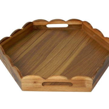 Acacia Wood Hexagonal Scalloped Serving Tray with Handles - Premium Kitchenware