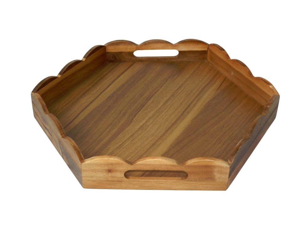 Acacia Wood Hexagonal Scalloped Serving Tray with Handles - Premium Kitchenware