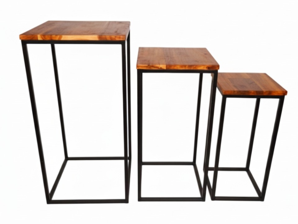 Industrial Nesting Display Stands - Acacia Wood & Metal Frame Set of 3