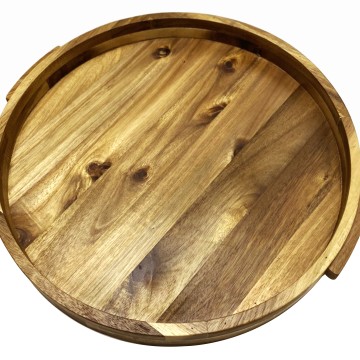 Premium Acacia Wood Round Serving Tray with Integrated Handles - Eco-friendly Kitchenware