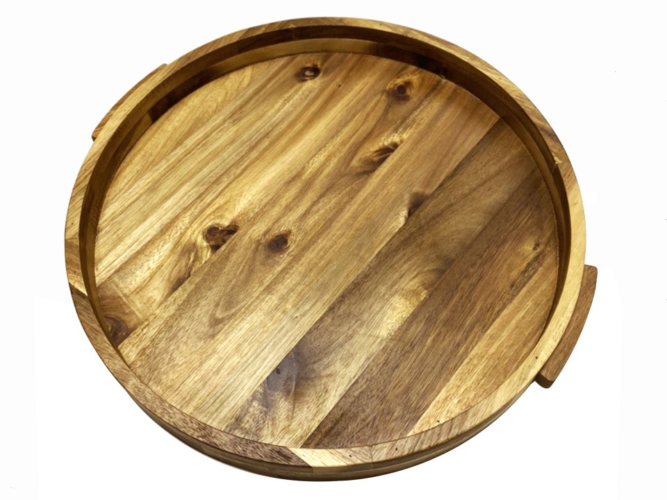 Premium Acacia Wood Round Serving Tray with Integrated Handles - Eco-friendly Kitchenware