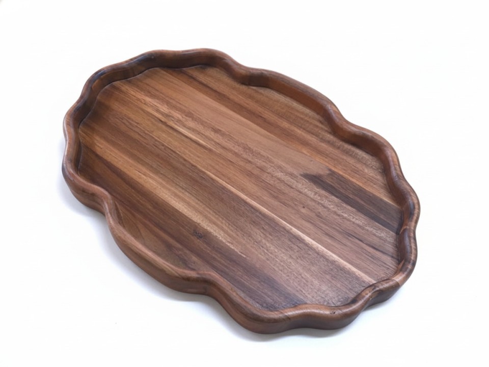Handcrafted Acacia Wood Scallop Edge Decorative Tray - Versatile Home Accents