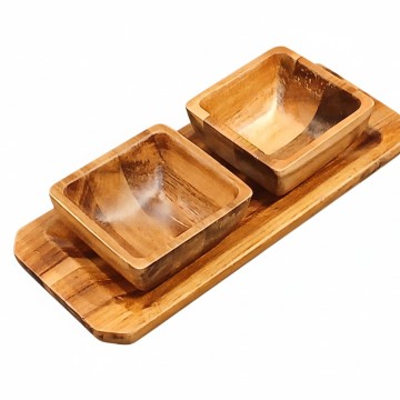 Acacia Wood Serving Bowl Set on Rectangular Tray - Sustainable Dining & Kitchenware