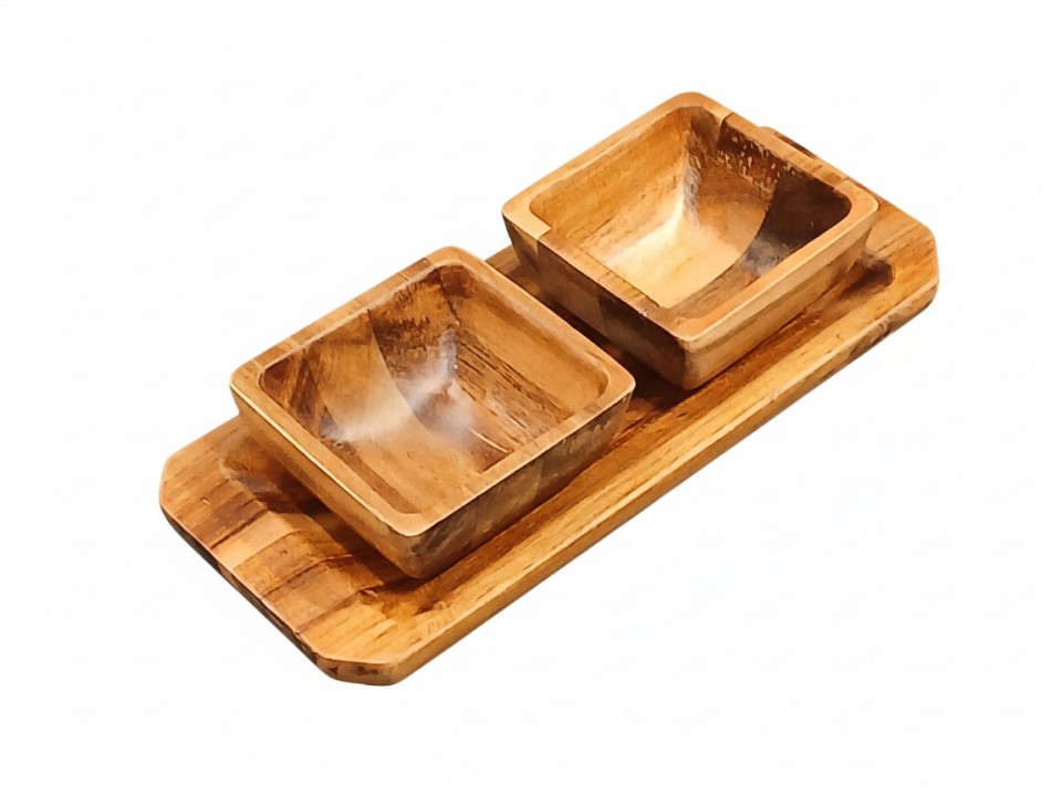 Acacia Wood Serving Bowl Set on Rectangular Tray - Sustainable Dining & Kitchenware