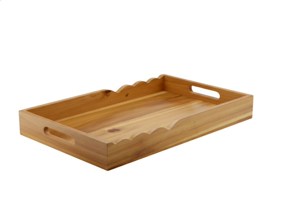 Acacia Wood Serving Tray with Scalloped Edges and Handles - Premium Kitchenware