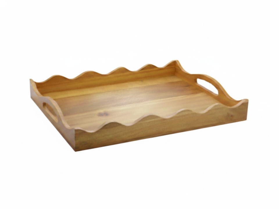 Premium Acacia Wood Wavy Edge Serving Tray with Handles - Eco-friendly Kitchenware