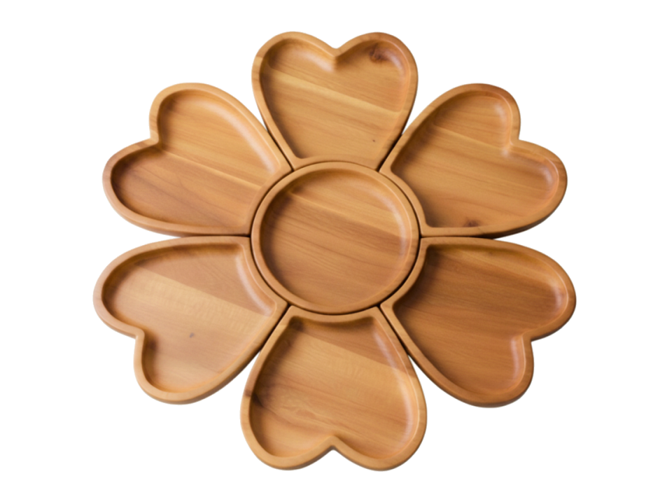 Acacia Wood Flower Serving Platter with Heart Compartments - Versatile Tableware