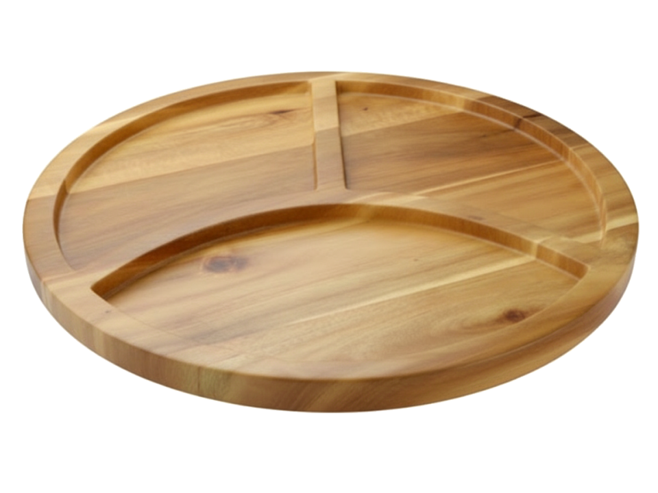 Premium Acacia Wood Round 3-Compartment Serving Tray - Sustainable Kitchenware