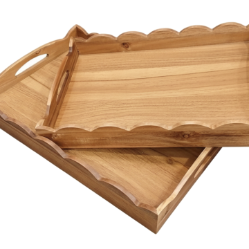 Acacia Wood Scalloped Serving Trays with Handles - Nested Set