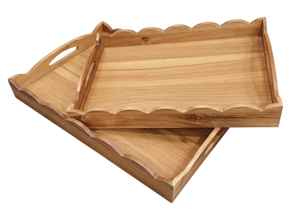 Acacia Wood Scalloped Serving Trays with Handles - Nested Set