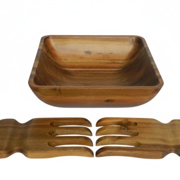 Square Acacia Wood Salad Bowl Set with Servers - Durable & Eco-Friendly Kitchenware