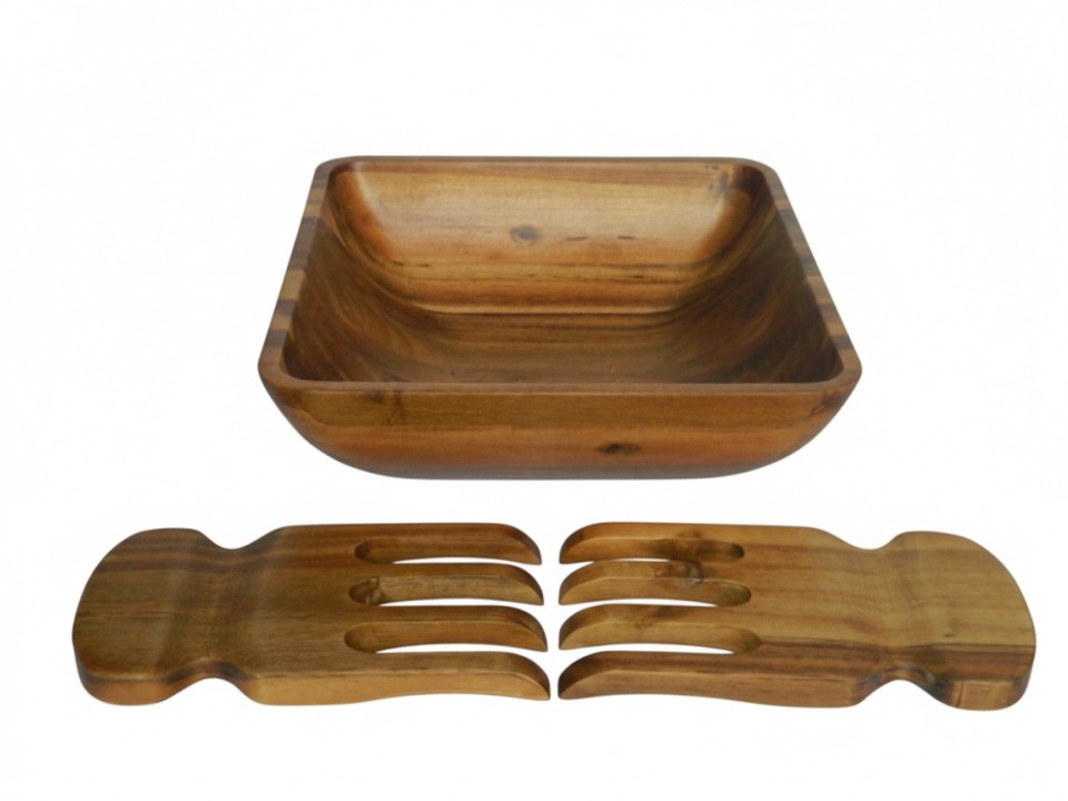 Square Acacia Wood Salad Bowl Set with Servers - Durable & Eco-Friendly Kitchenware