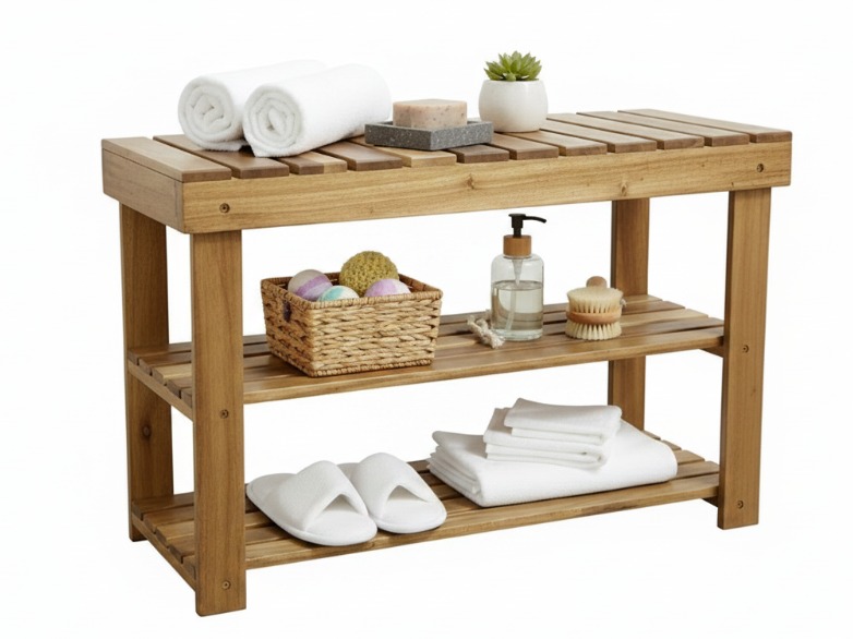 Acacia Wood Bath Bench | Multi-Tier Storage | US & EU