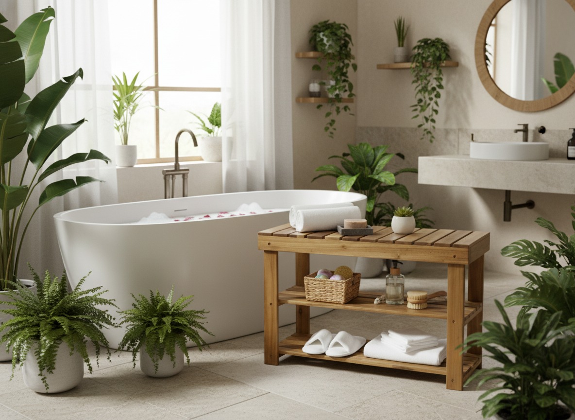 Acacia Wood Bath Bench | Multi-Tier Storage | US & EU