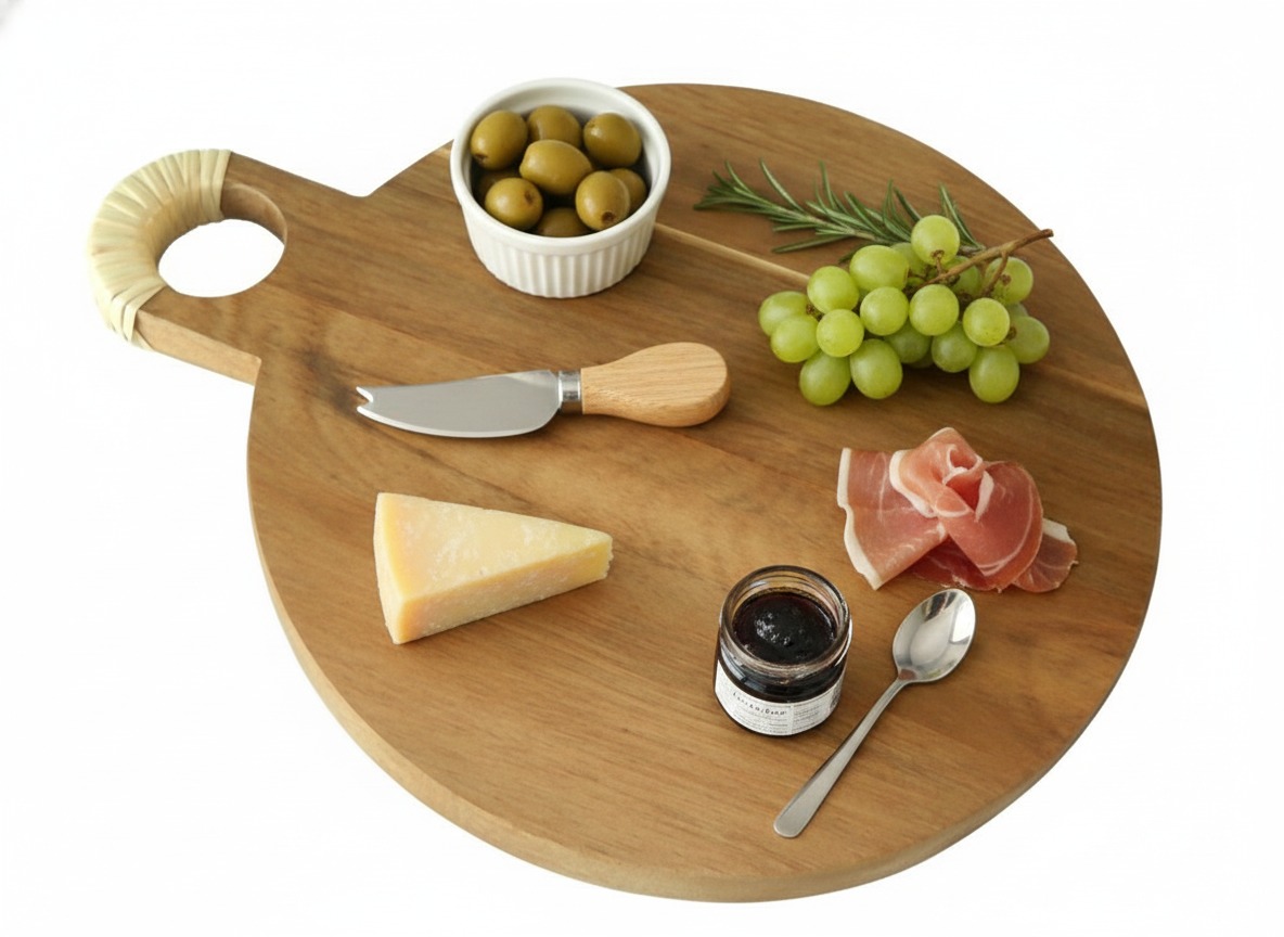 Top-Tier Acacia Wood Cutting Board | Rattan Handle | USA & EU