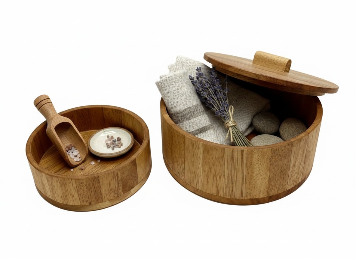 Acacia Wood Utility Boxes | Round Lidded Storage - US/EU Wholesale