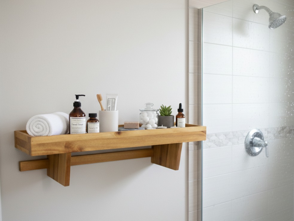 Acacia Wood Wall Shelf | Bathroom Storage for US & EU
