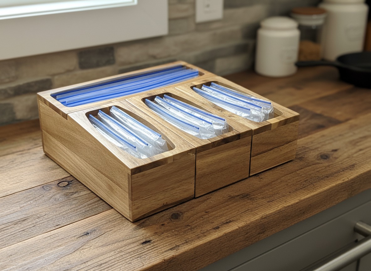 Acacia Wood Zip Bag Organizer | Kitchen Storage Solutions