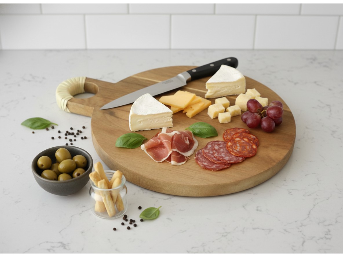 Acacia Wood Round Serving Board | Rattan Handle Kitchenware US/EU